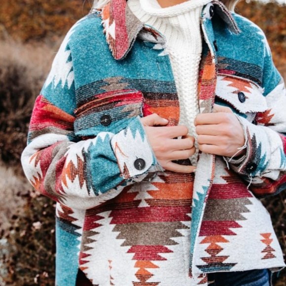 Aztec Shacket Turquoise Boho Western Jacket - Picture 1 of 11